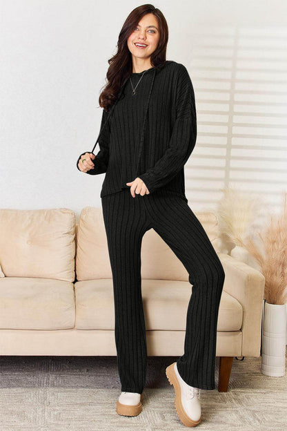 Basic Bae Full Size Ribbed Drawstring Hooded Top Set - Selvanelle