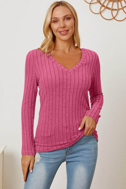 Basic Bae Full Size Ribbed V-Neck Long Sleeve T-Shirt - Selvanelle