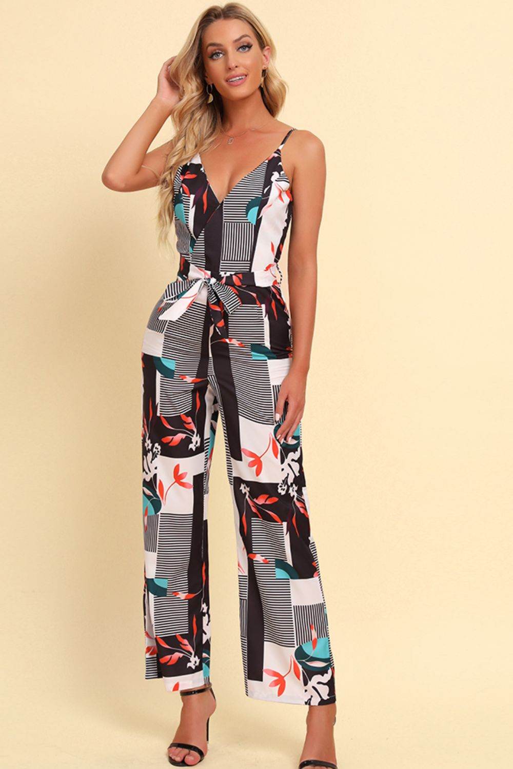 Printed Spaghetti Strap Tied Jumpsuit - Selvanelle