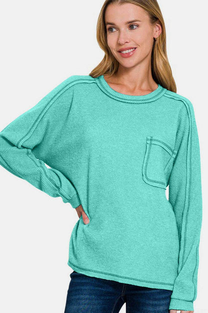 Zenana Full Size Contrast Stitching Brushed Ribbed Top Plus Size - Selvanelle