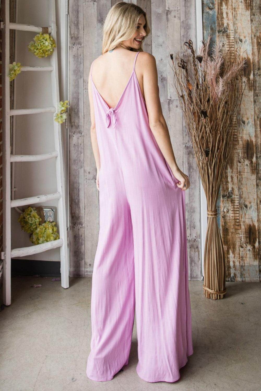 Veveret Pocketed Spaghetti Strap V-Neck Wide Leg Jumpsuit - Selvanelle