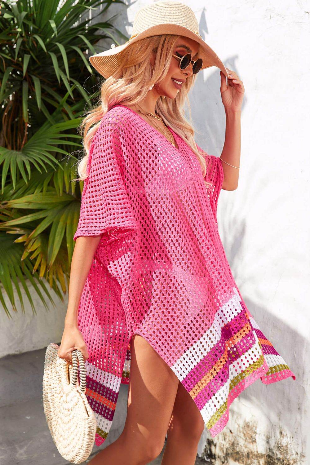 Angel Wings Rainbow Stripe Openwork Slit Cover-Up - Selvanelle