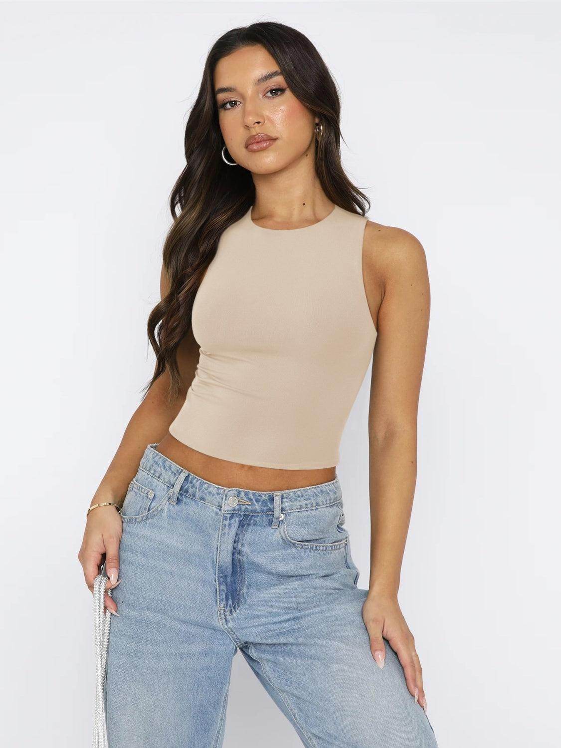 Round Neck Cropped Tank for Women in Soft Stretch Fabric - Selvanelle