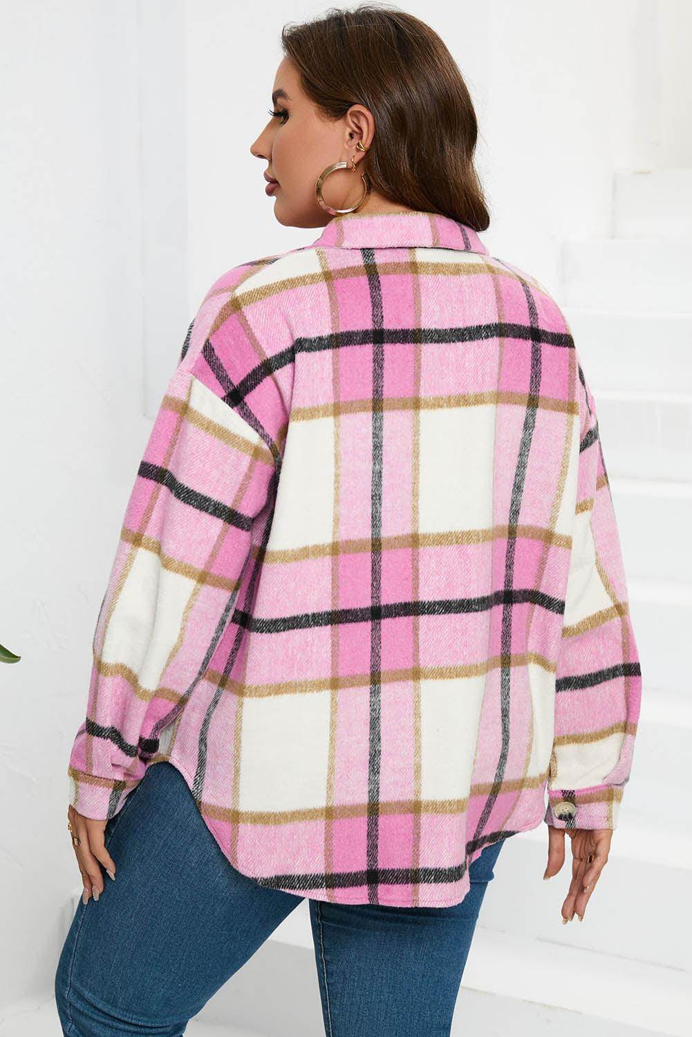 Plaid Button Up Dropped Shoulder Jacket for Women Stylish - Selvanelle