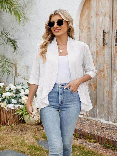 Eyelet Open Front Three-Quarter Sleeve Top for Women - Selvanelle