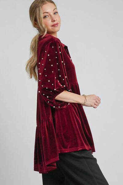 Umgee Pearl Detail Collared Neck Velvet Babydoll Blouse - Selvanelle
