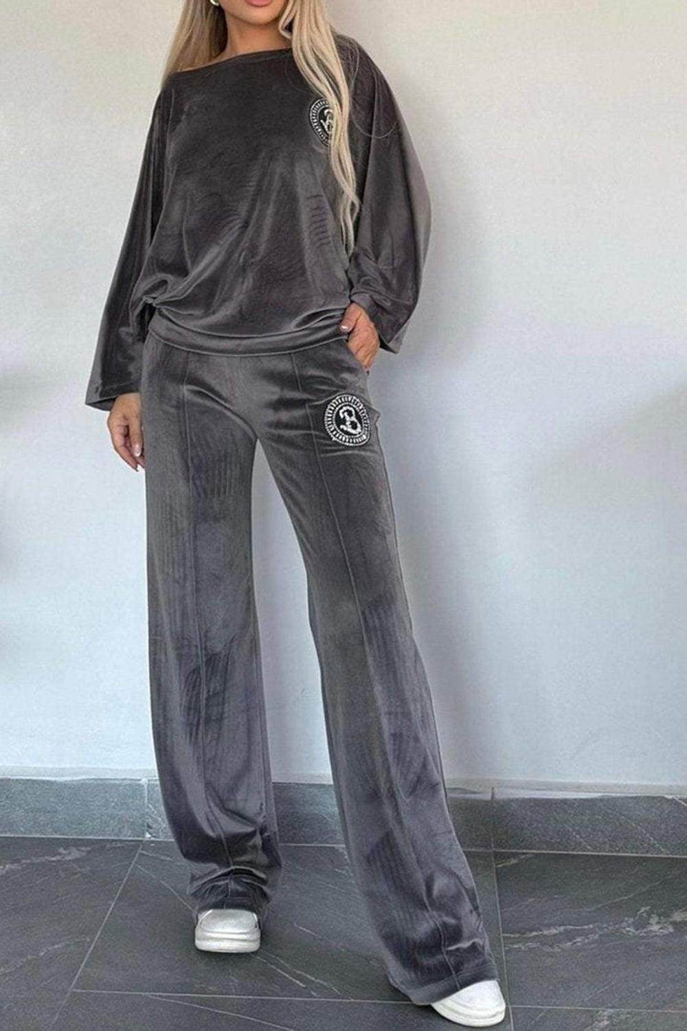 Full Size Boat Neck Long Sleeve Top and Pants Set Outfit - Selvanelle