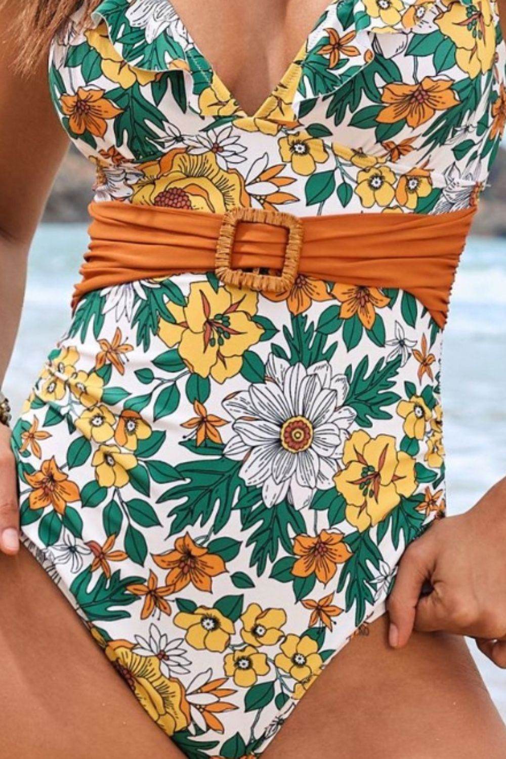 Ruffled Plunge Floral One-Piece Swimwear - Selvanelle