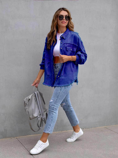 Distressed Drop Shoulder Denim Jacket for Casual Style - Selvanelle