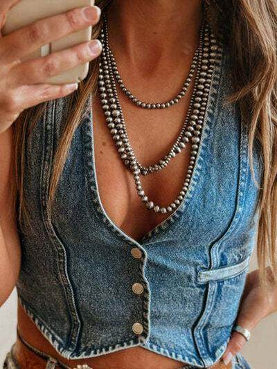 Buttoned V-Neck Denim Top for Stylish Casual Outfits - Selvanelle