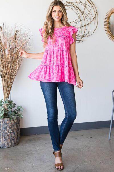 Heimish Full Size Tiered Leopard Round Neck Blouse Plus Size - Selvanelle