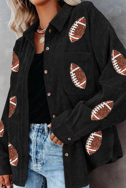 Sequin Football Button Up Long Sleeve Jacket for Women - Selvanelle
