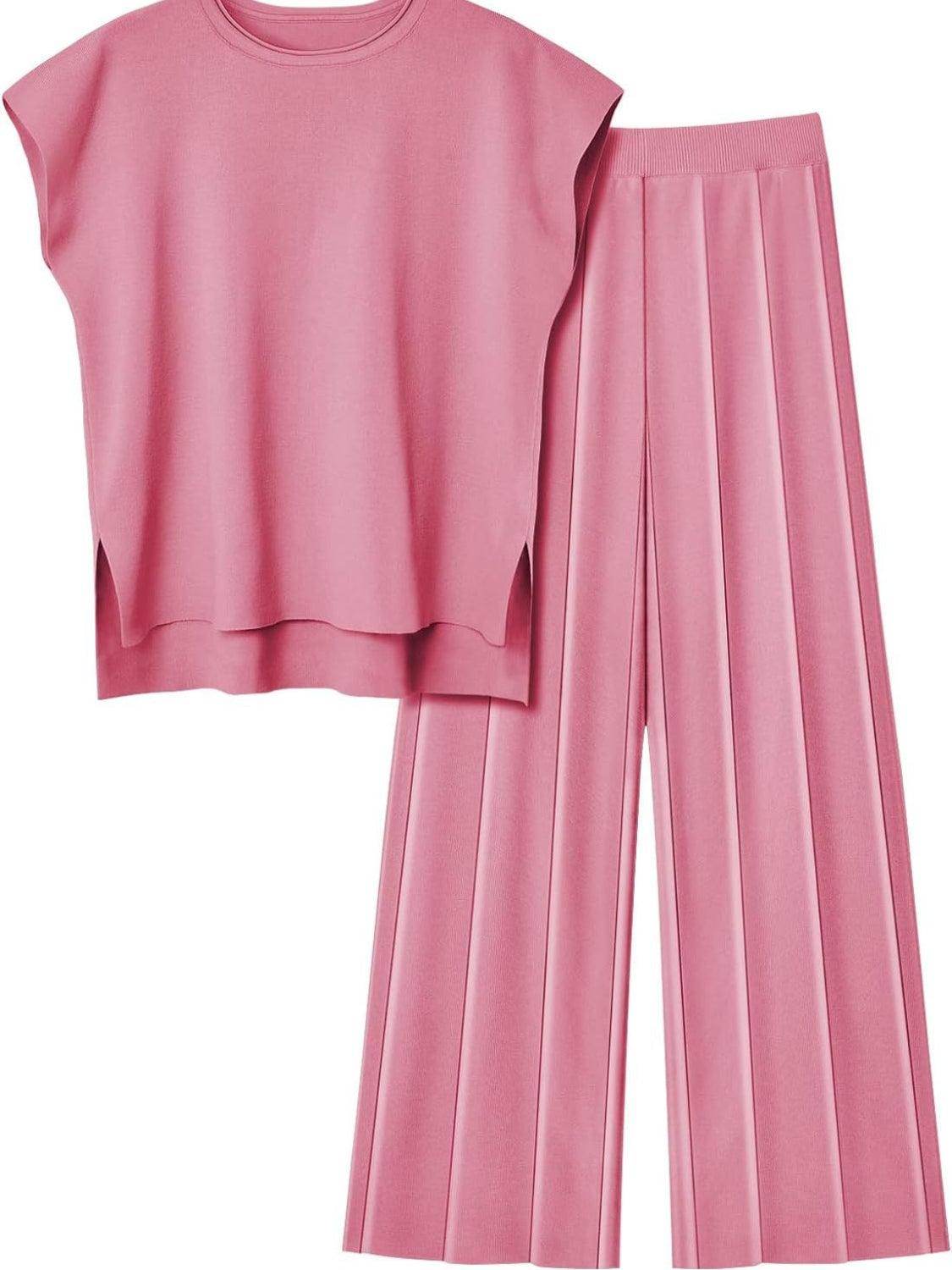 Round Neck Cap Sleeve Top and Pants Knit Set for Women - Selvanelle