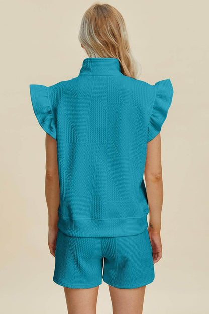 Double Take Full Size Texture Flounce Sleeve Top and Shorts Set - Selvanelle
