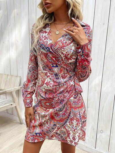 Perfee Tied Printed Long Sleeve Mini Dress for Women - Selvanelle