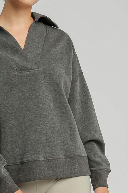 Umgee Johnny Collar Dropped Shoulder Sweatshirt for Women - Selvanelle