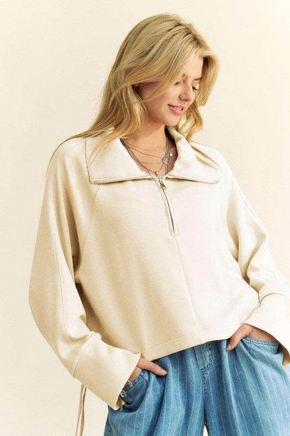 Davi & Dani Drawstring Hem Half Zip Raglan Sleeve Sweatshirt - Selvanelle