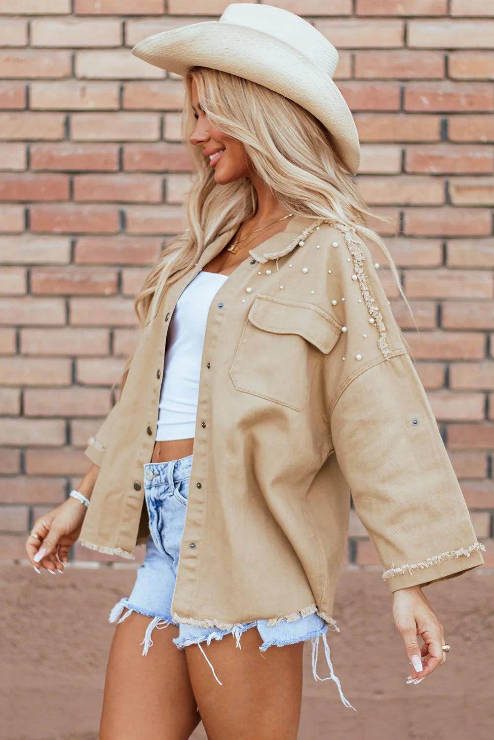 Raw Hem Pearl Trim Dropped Shoulder Denim Jacket for Women - Selvanelle