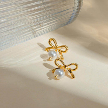Stainless Steel Bow Pearl Earrings for Elegant Style - Selvanelle