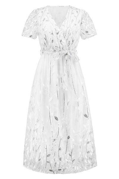 Sequin Leaf Embroidery Tie Front Short Sleeve Dress for Women - Selvanelle