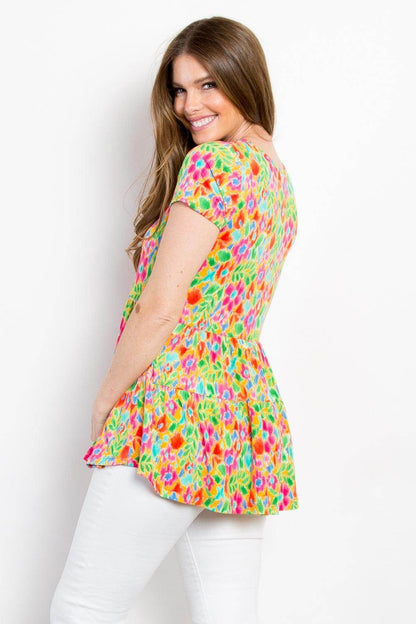Be Stage Floral Short Sleeve Babydoll Top for Women - Selvanelle