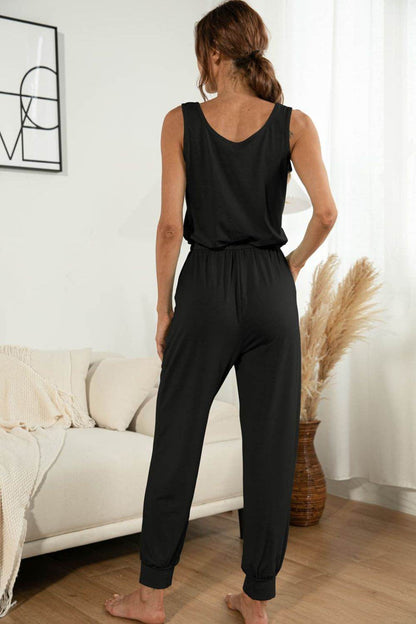 Drawstring Waist Round Neck Jogger Jumpsuit - Selvanelle