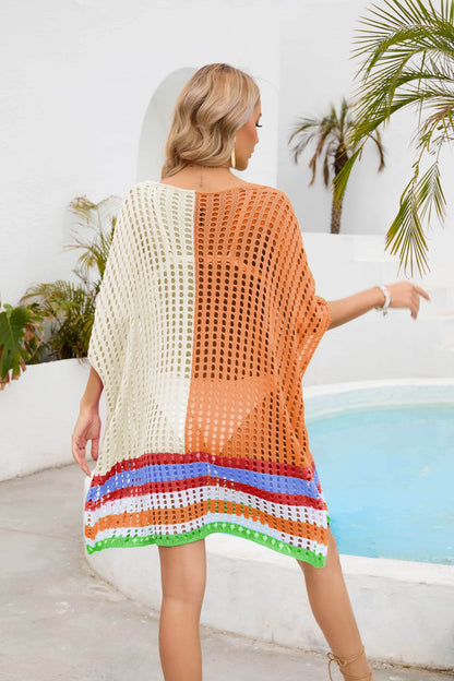 Contrast Scoop Neck Openwork Half Sleeve Cover Up - Selvanelle