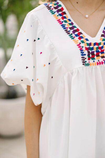 Printed V-Neck Puff Sleeve Top for Effortless Style - Selvanelle