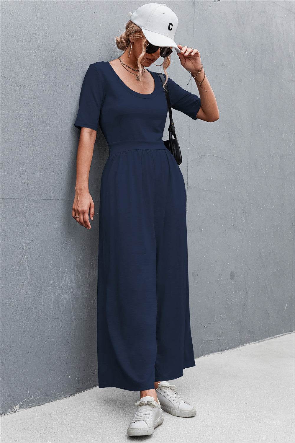 Scoop Neck Half Sleeve Wide Leg Jumpsuit - Selvanelle