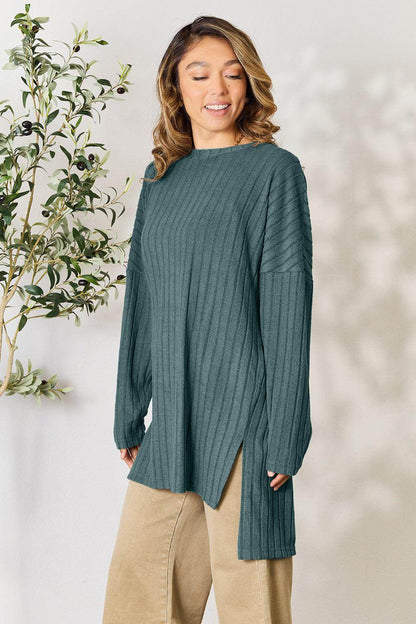 Basic Bae Full Size Ribbed Round Neck Long Sleeve Slit Top - Selvanelle