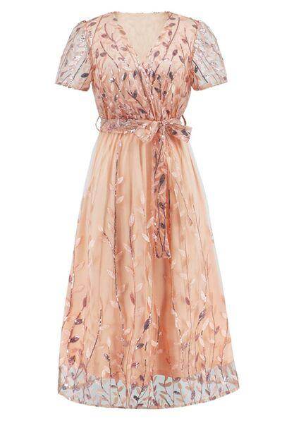 Sequin Leaf Embroidery Tie Front Short Sleeve Dress for Women - Selvanelle