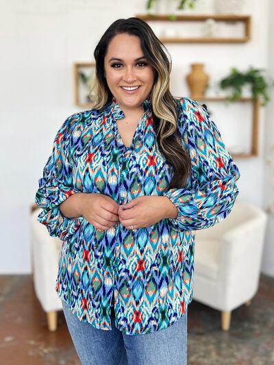Double Take Full Size Printed Balloon Sleeve Blouse for Women - Selvanelle