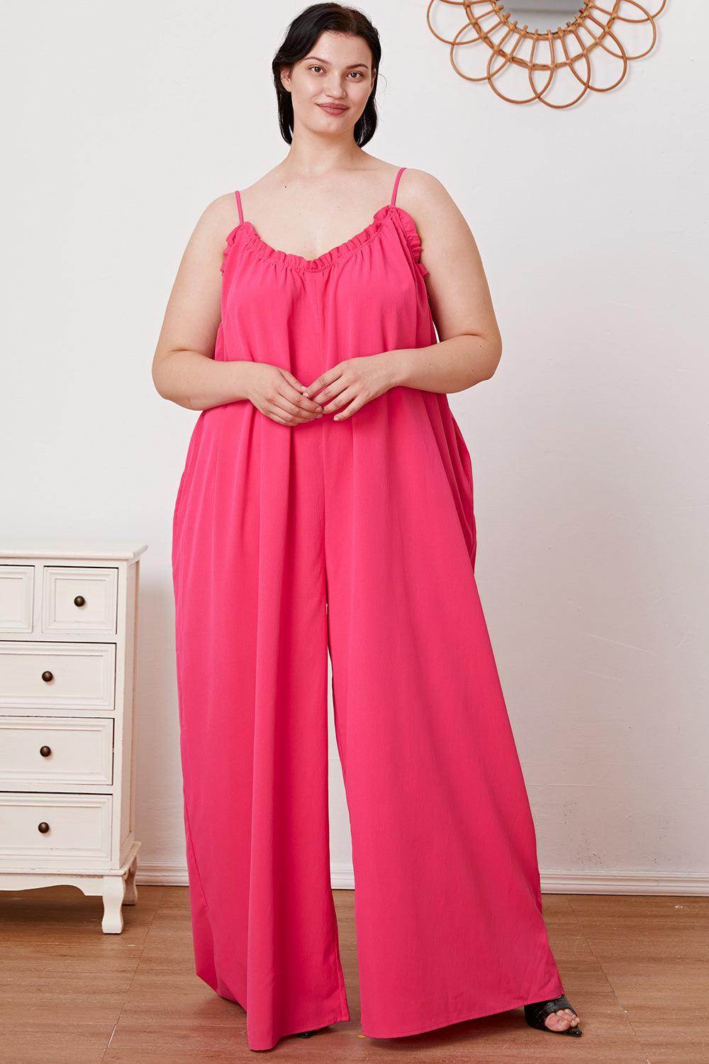 Double Take Full Size Ruffle Trim Tie Back Cami Jumpsuit - Selvanelle