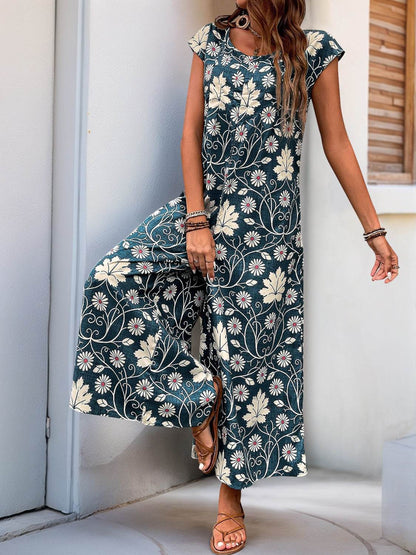 Perfee Printed Round Neck Cap Sleeve Wide Leg Jumpsuit - Selvanelle