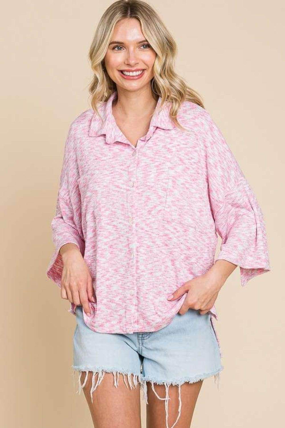 Culture Code Button Up Drop Shoulder Slit Shirt for Women - Selvanelle