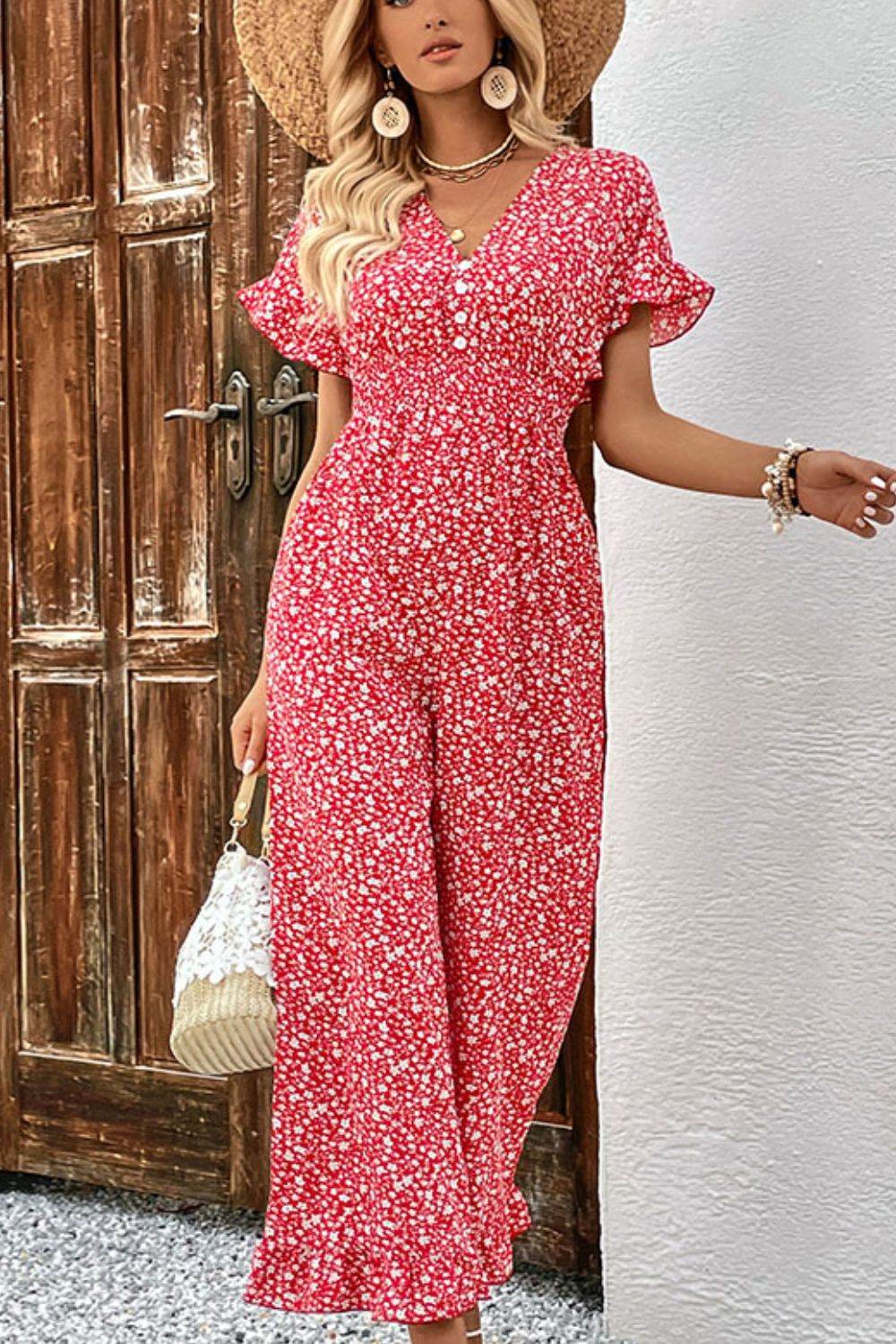 Perfee Printed Tie Back Ruffled Jumpsuit - Selvanelle