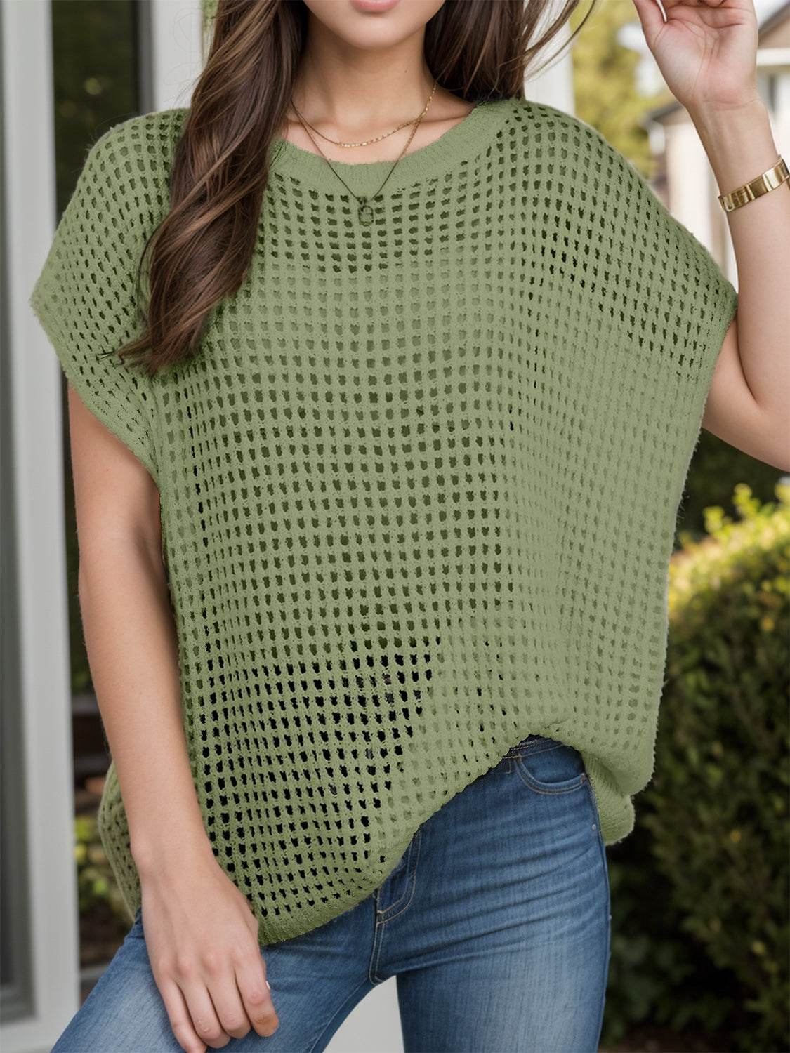 Openwork Round Neck Short Sleeve Cover-Up - Selvanelle