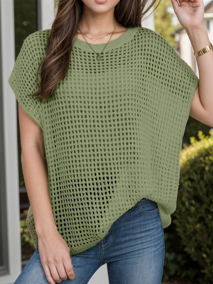 Openwork Round Neck Short Sleeve Cover-Up - Selvanelle