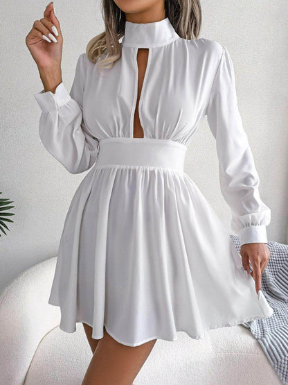 Cutout Turtleneck A-Line Mini Dress for Casual Wear - Selvanelle