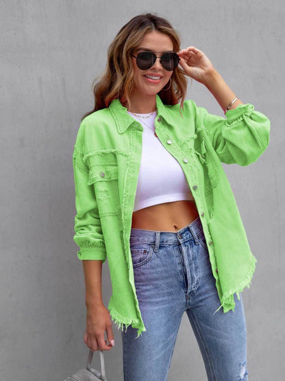 Distressed Drop Shoulder Denim Jacket for Casual Style - Selvanelle