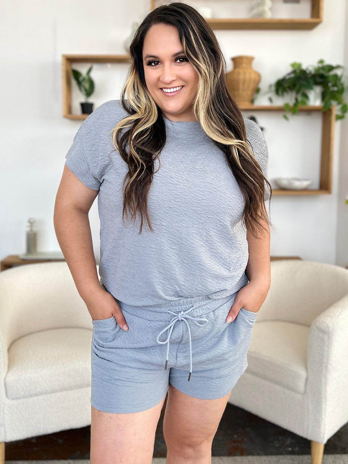 Double Take Full Size Texture Short Sleeve T-Shirt and Drawstring Shorts Set - Selvanelle