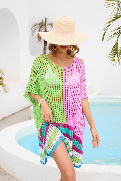 Contrast Scoop Neck Openwork Half Sleeve Cover Up - Selvanelle