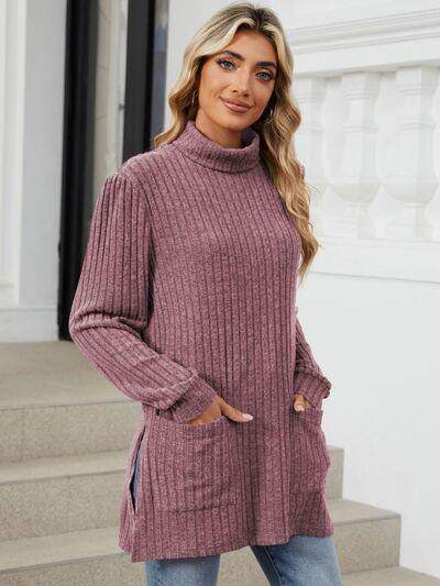 Slit Mock Neck Long Sleeve T-Shirt for Women with Pocket - Selvanelle