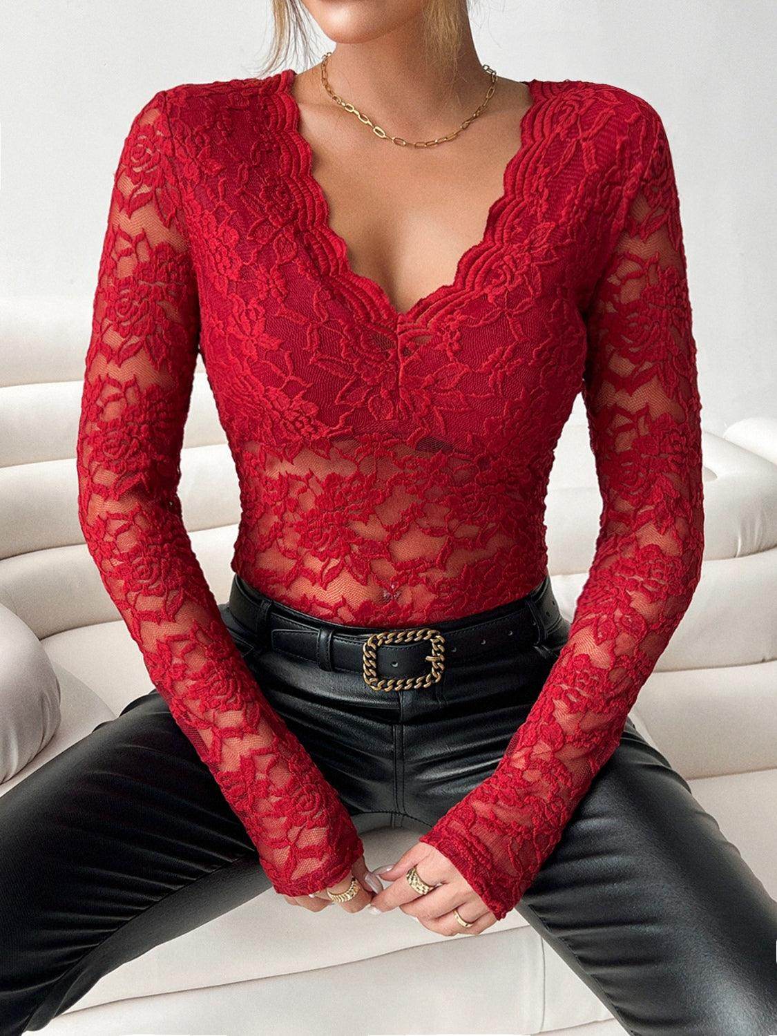V-Neck Long Sleeve Lace Top for Women in Various Sizes - Selvanelle