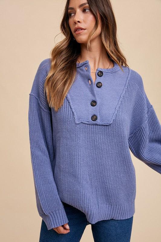 Annie Wear Half Button Ribbed Hem Sweater for Women