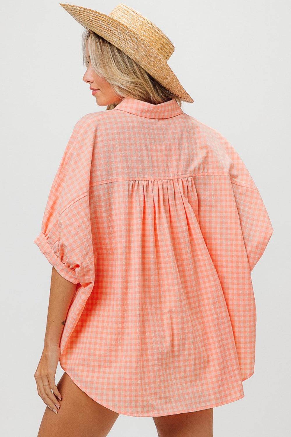 BiBi Plaid Button Up Dolman Sleeve Shirt for Women Fashion - Selvanelle