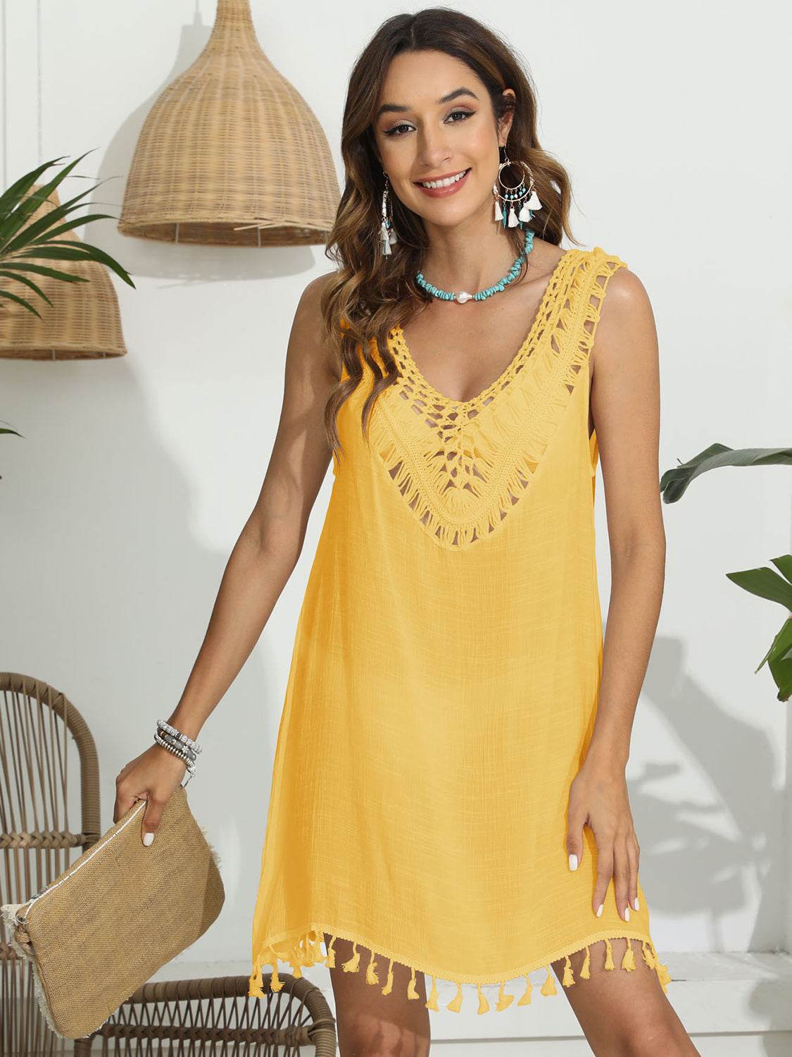 Tassel Scoop Neck Wide Strap Cover-Up - Selvanelle