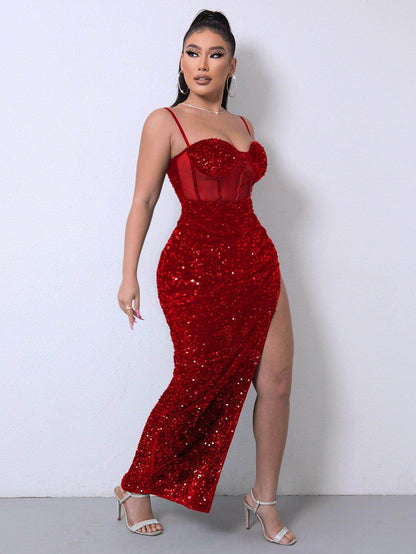 Sequin Spliced Mesh Adjustable Strap Dress for Women - Selvanelle