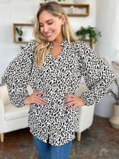 Double Take Full Size Leopard Long Sleeve Blouse for Women - Selvanelle