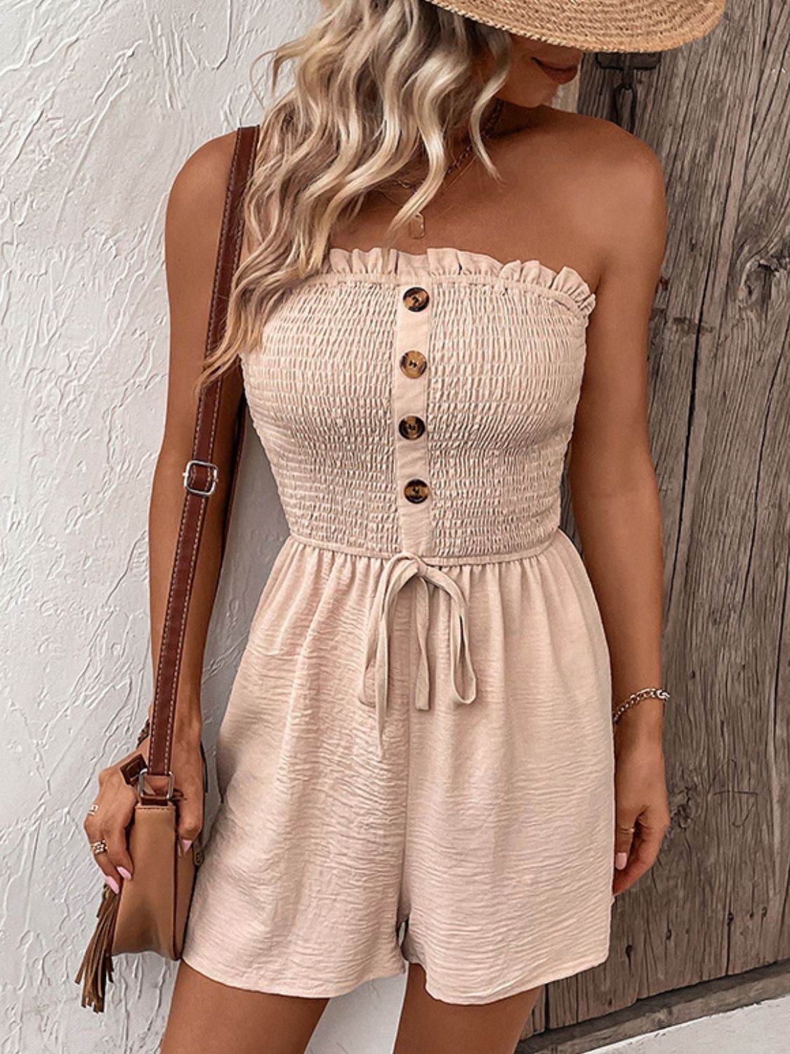 Perfee Decorative Button Smocked Strapless Romper - Selvanelle